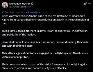 🇫🇷⚡️ — NUOVO: Il Presidente francese Emmanuel Macron annuncia la morte di un soldato francese nell'attacco con droni ...